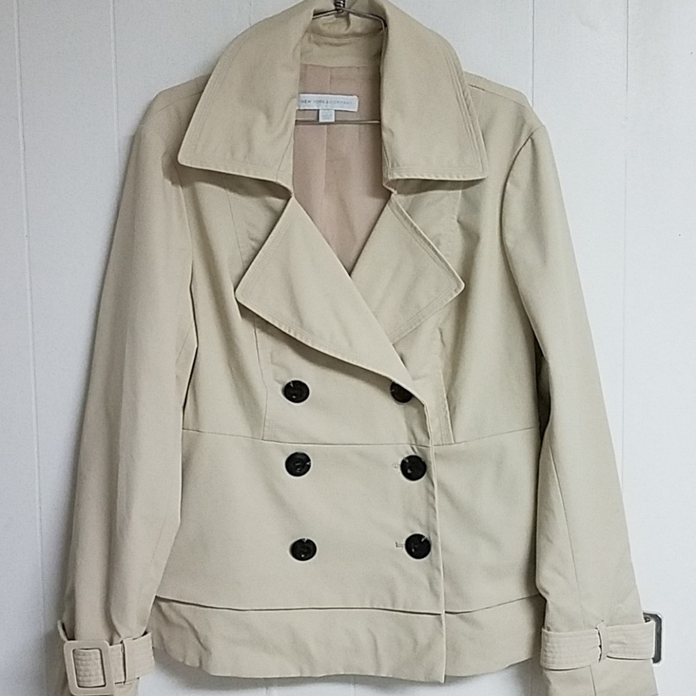 New York & Company Cream Double-Breasted Trench Jacket